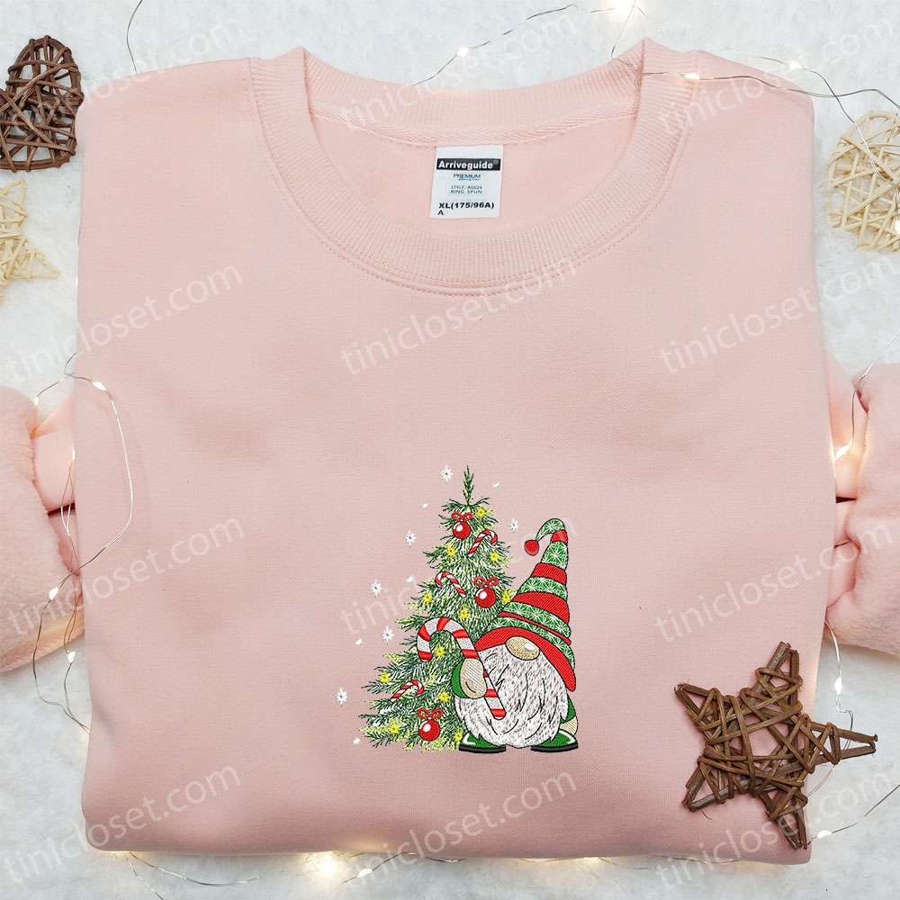 Gnome Christmas Tree Embroidered T-shirt, Cozy Christmas Embroidered Sweatshirt, Best Christmas Gift Ideas