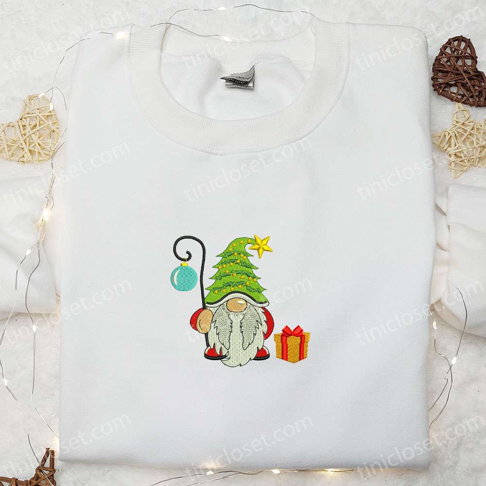 Gnome Christmas Tree Embroidered Hoodie, Christmas Embroidered Hoodie, Best Christmas Gift Ideas For Family