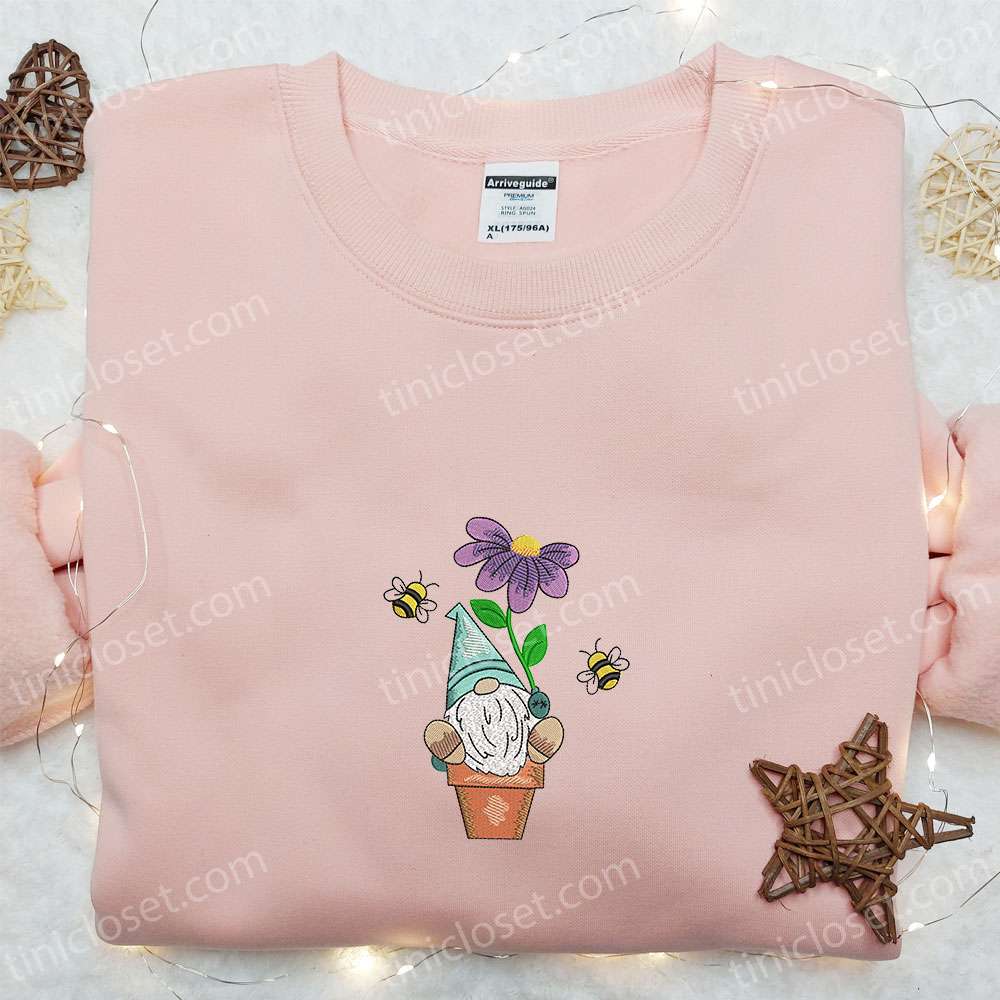 Gnome On Flower Pot Embroidered Shirt, Christmas Embroidered Hoodie, Best Christmas Gift Ideas