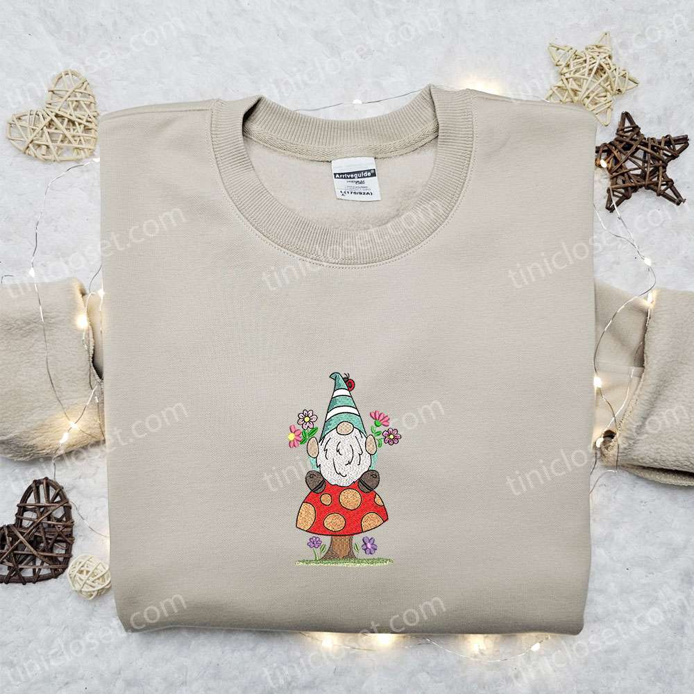 Gnome On Mushroom Embroidered Shirt, Christmas Embroidered T-shirt, Best Christmas Gift Ideas