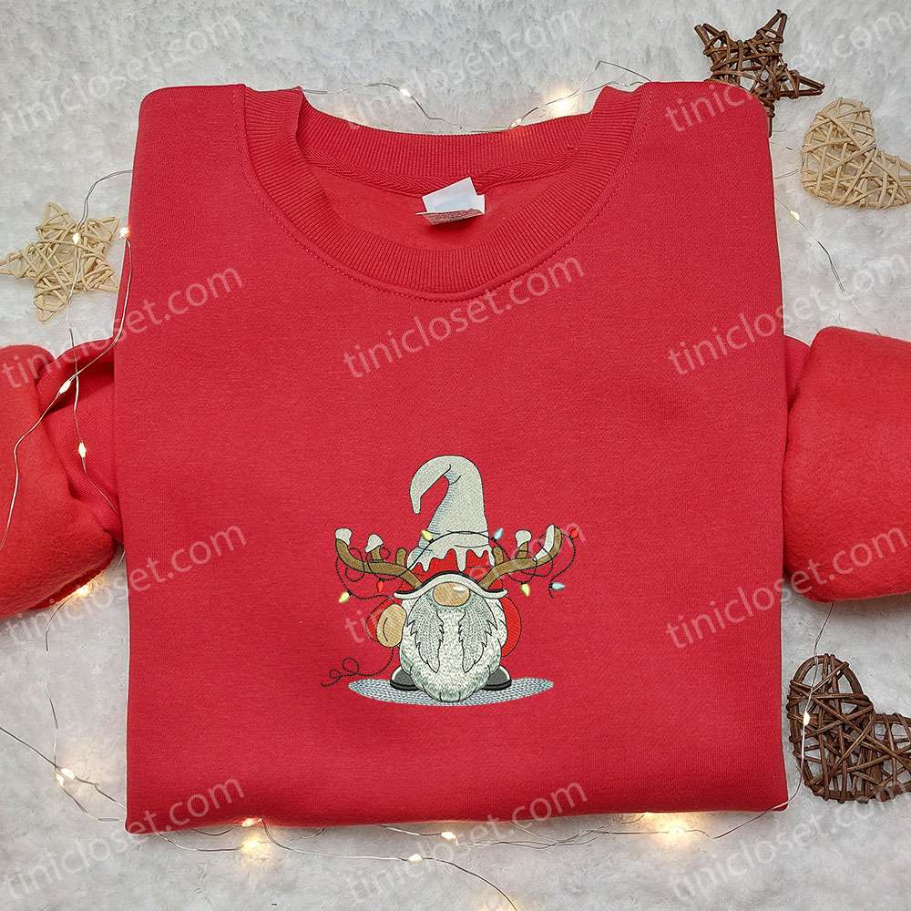 Gnome Reindeer Christmas Lights Embroidered Sweatshirt, Christmas Embroidered T-shirt, Best Christmas Gift Ideas