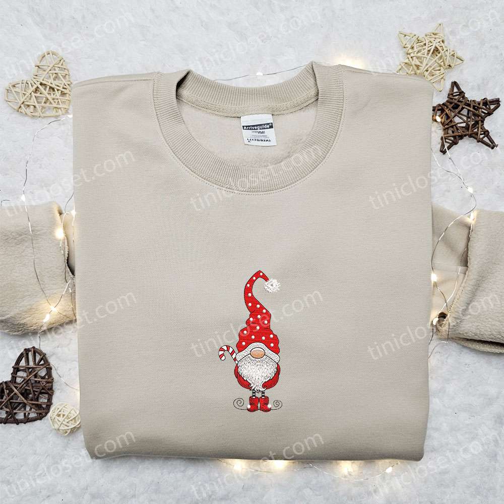 Gnome Santa Candy Cane Embroidered Hoodie, Cute Christmas Embroidered T-shirt, Best Christmas Gift Ideas