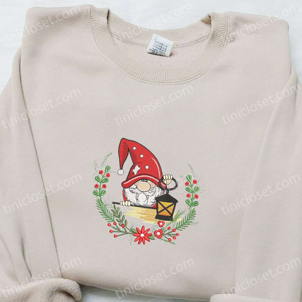 Gnome With Lantern Embroidered Sweatshirt, Christmas Embroidered Shirt, Best Christmas Gift Ideas