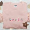 Kirby Eating Christmas Glove Embroidered Shirt, Game Character Embroidered Hoodie, Christmas Embroidered Sweatshirt
