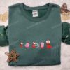 Kirby Eating Christmas Stocking Embroidered Shirt, Game Character Embroidered Hoodie, Christmas Embroidered Sweatshirt