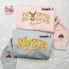 Pikachu And Eevee x Nike Couple Embroidered Shirt, Pokemon Anime Embroidered Hoodie, Nike Inspired Embroidered Sweatshirt